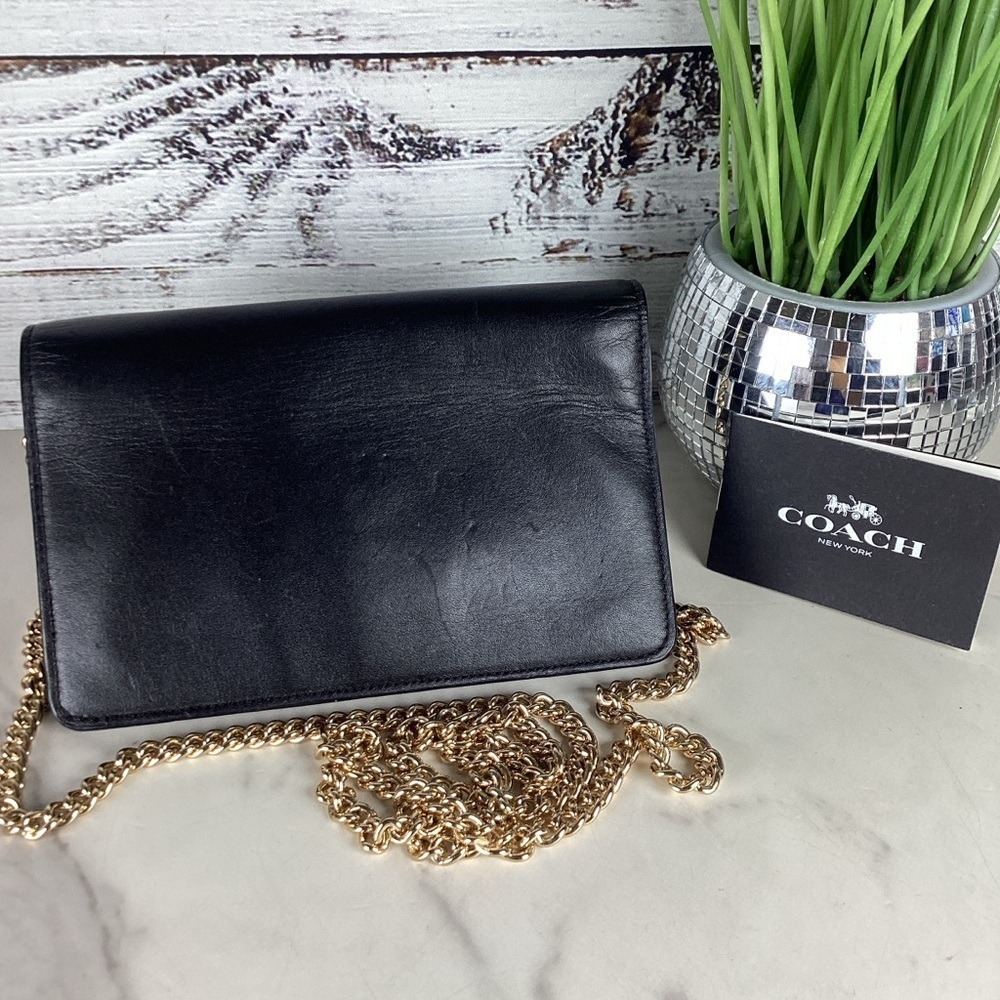 Coach #53277 Black Soft Leather Clutch Wallet with Gold Chain - Picture 6 of 10